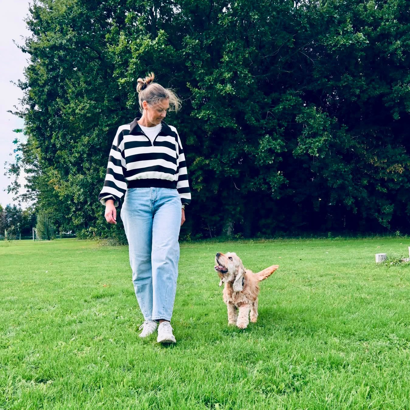 Vrouw en hond, neus aan neus in het gras